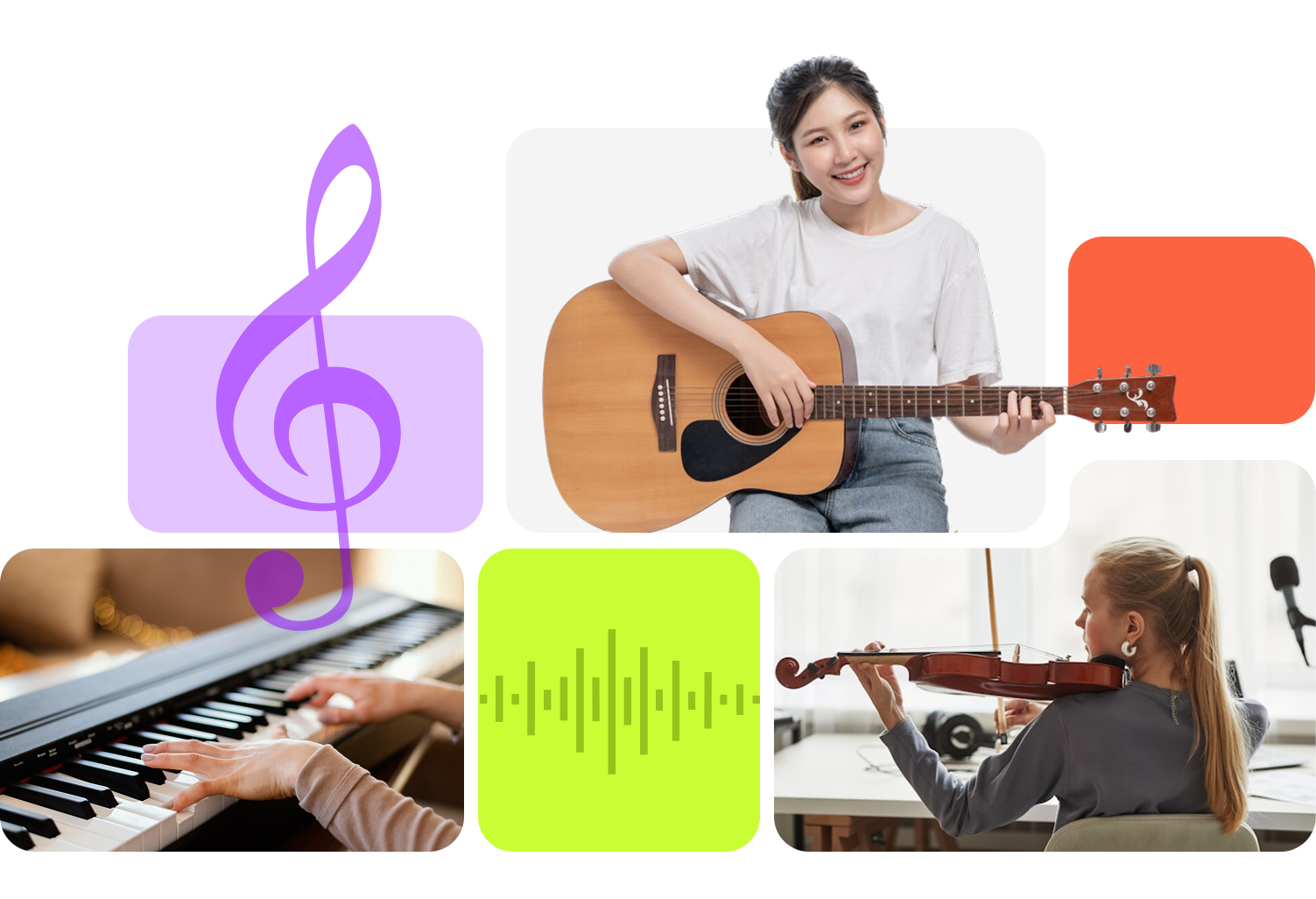 Music lessons collage - piano, guitar, violin and vocal training